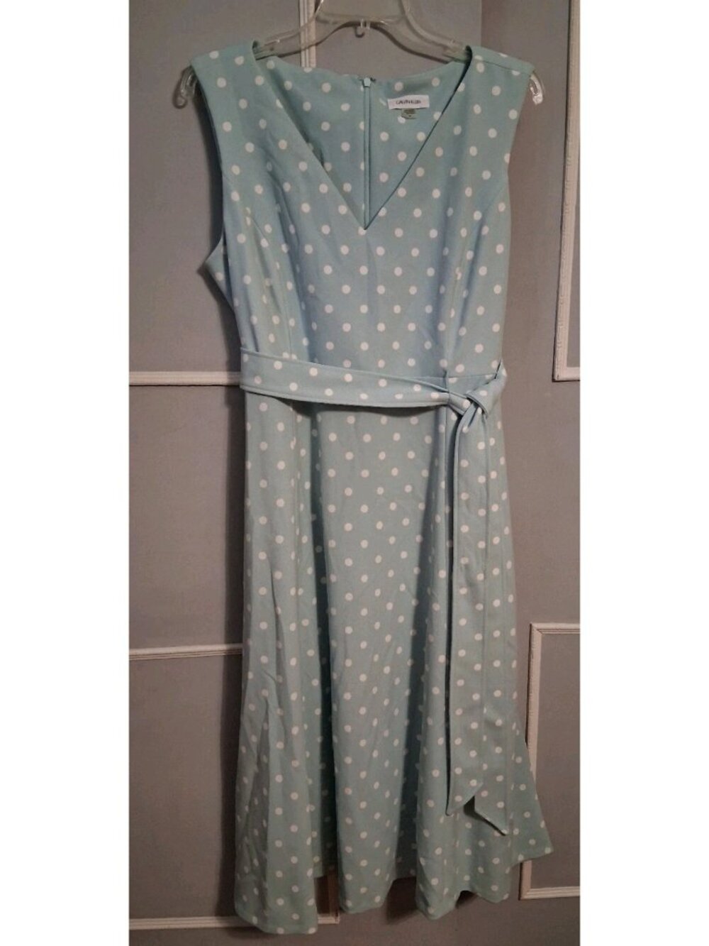 Calvin Klein Dress Mint White Polka Dots Sleeveless V Neck Belt Size 14